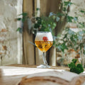 A branded glass of Delirium Belgian Beer with it's iconic pink elephant
