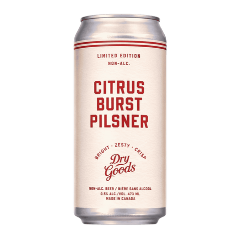 Can of Dry Goods Citrus Burst Pilsner non-alcoholic beer with red label