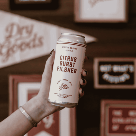 A hand holding a can of 'Citrus Burst Pilsner' in front of framed text on a wall.