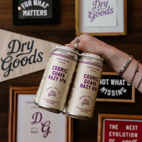 A 4-pack of Dry Goods non-alcoholic Cosmic Guava Hazy IPA