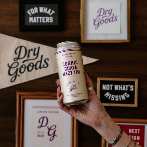 A can of non-alcoholic Cosmic Guava Hazy IPA by Dry Goods