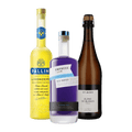 A bottle of Empress 1908 0.0 Indigo non-alcoholic gin, with a bottle of Limonzero non-alcoholic Limoncello, and sparklign wine