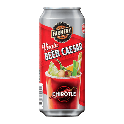 Can of Farmery Virgin Beer Caesar Chipotle with an illustration of a non-alcoholic Caesar