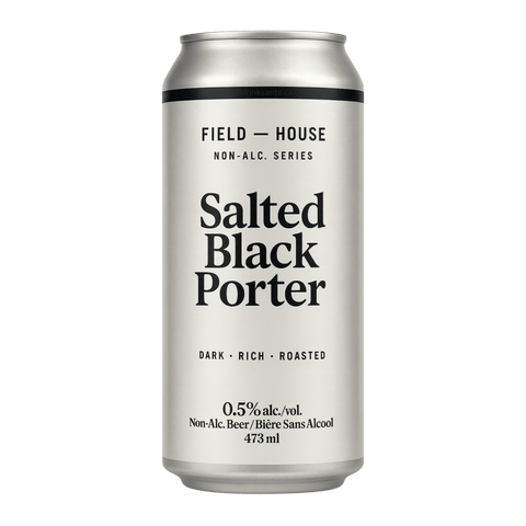 A can of Field House Salted Black Porter Non-Alcoholic Beer