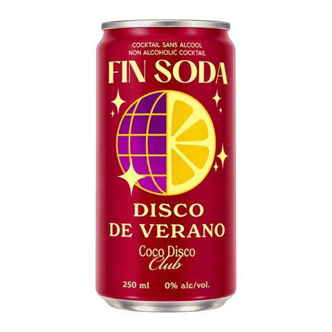 A can of Disco de Verano, a non-alcoholic cocktail by Fin Soda