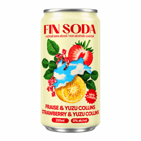 A can of Strawberry Yuzu non-alcoholic Collins by Fin Soda. The label has illustrations of strawberries, lemons, and herbs