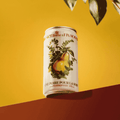 A can of Fin Soda Une Poire Pour la Soif! perched on a ledge with a yellow background