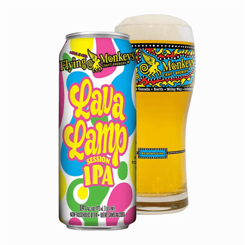 Flying Monkeys Lava Lamp Non-Alcoholic IPA poured into a branded Flying Monkeys glass