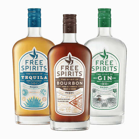 Three bottles of non-alcoholic spirits by Free Spirits; Bourbon, Tequila, and Gin