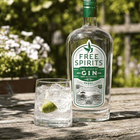 A bottle of Free Spirits non-alcoholic Gin on an outdoor wooden table, with a rocks glass filled with ice and non-alcoholic gin and tonic