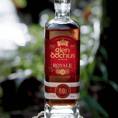 A bottle of Glen Dochus Royale Blend Non-Alcoholic Whiskey on display