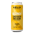 A bright yellow can of gluten-free, non-alcoholic beer, from Helix brewing. Available now in Calgary at Santé Dry Bottle Shop
