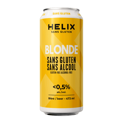 A bright yellow can of gluten-free, non-alcoholic beer, from Helix brewing. Available now in Calgary at Santé Dry Bottle Shop