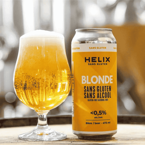 A poured glass of Helix Non-Alcoholic Gluten-Free Beer. 
