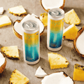 Two cans of hiyo Organic Pineapple Coconut are arranged on a textured gray surface, surrounded by fresh pineapple slices and halved coconuts.