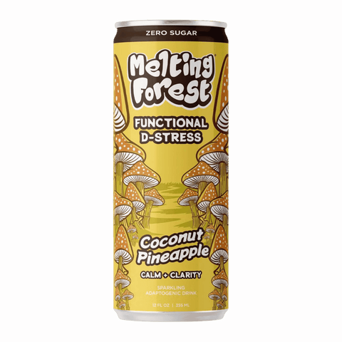 A can of Melting Forest Coconut Pineapple D-Stress functional mushroom drink