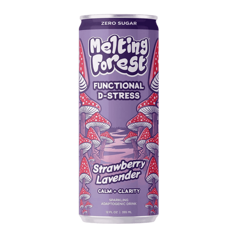 A can of Melting Forest trawberry Lavender D-Stress Functional Mushroom Drink