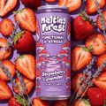 Melting Forest D-Stress Strawberry Lavender drink can surrounded by strawberries and lavender on a purple background