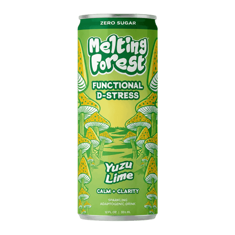 A single can of Melting Forest Functional D-Stress Yuzu Lime. The can is green featuring mushroom illustrations.