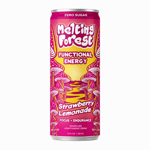 A single can of Melting Forest Functional Energy drink in Strawberry Lemonade flavor. The can features a vibrant pink and yellow label with illustrations of mushrooms.