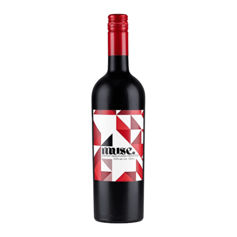 A bottle of Muse non-alcoholic merlot with a geometric label