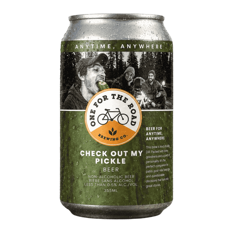 A green can of One For The Road Check Out My Pickle Beer