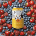 A can of One For The Road non-alcoholic Amber beer on a bed of berries
