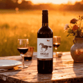 Bottle of Oracle non-alcoholic wine on a wooden table with glasses and a sunset in the background