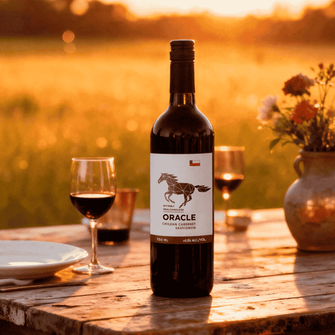 Bottle of Oracle non-alcoholic wine on a wooden table with glasses and a sunset in the background