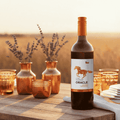 A bottle of Oracle non-alcoholic Carmenere displayed on a harvest table