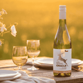 A bottle of Oracle non-alcoholic Chardonnay displayed on a harvest table