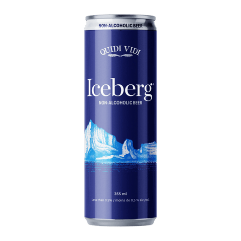 A blue can of Quidi Vidi Iceberg Non-Alcoholic Lager