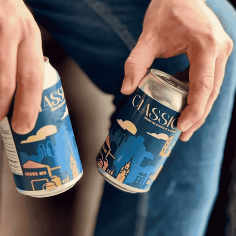 Two cans of Classic Helles Lager, Non-Alcoholic Beer by Rainhard Brewing