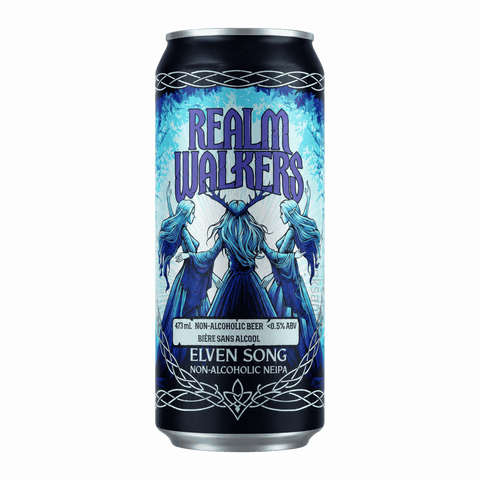 A single can of Evlen Song non-alcoholic beer by Realm Walkers, with three elves