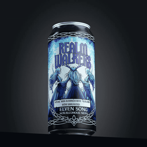A single can of Realm Walkers Elven Song non-alcoholic beer, featuring a blue and white label with an illustration of three elven figures