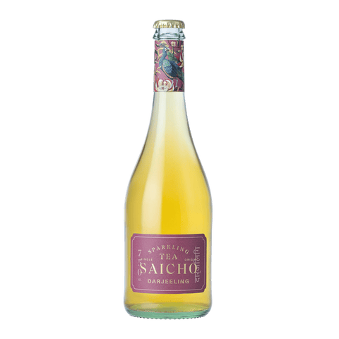 A bottle of Saicho Sparkling Darjeeling Tea with a purple label