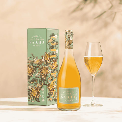 A bottle of Saicho Sparkling Hojicha Tea with a gift box