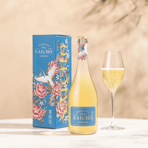 A bottle of Saicho Sparkling Jasmine Tea with gift box
