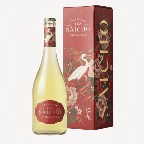 A bottle of Saicho Sparkling Osmanthus Tea and gift box