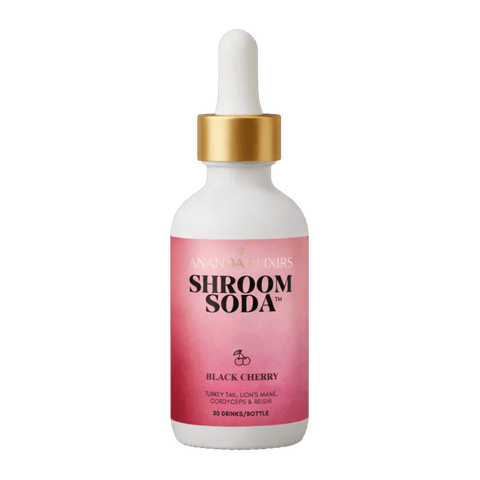 A bottle of Shroom Soda Black Cherry