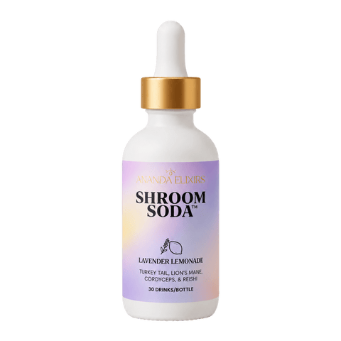A purple bottle of Lavender Lemonade Shroom Soda by Ananda Elixirs
