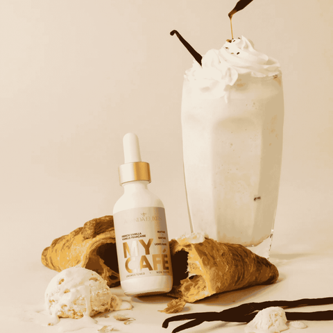 A bottle of MyCafé French Vanilla mushroom elixirs by Ananda Elixirs mixed into a milk shake