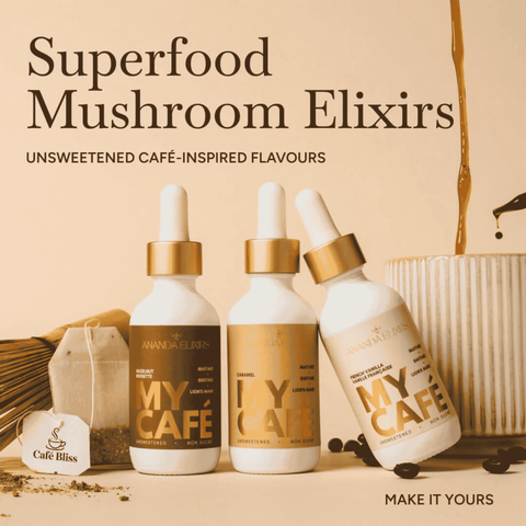 A trio of MyCafé Mushroom elixirs by Ananda Elixirs; Hazelnut, Caramel, and French Vanilla
