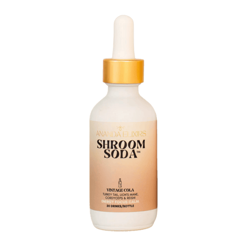 A bottle of Shroom Soda Vintage Cola Adaptogenic Mushroom Drops