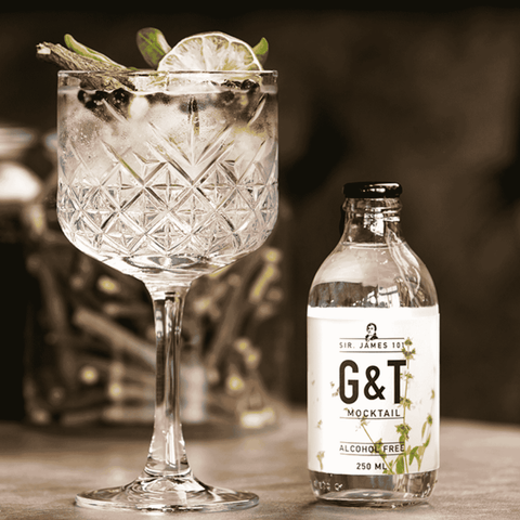 A bottle of Sir James 101 non-aloholic Gin and Tonic poured into a wine glas with botanicals