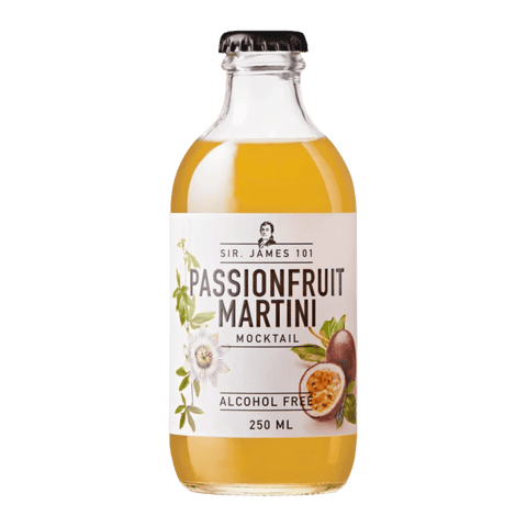 A bottle of Sir James 101 non-alcoholic Passionfruit Martini