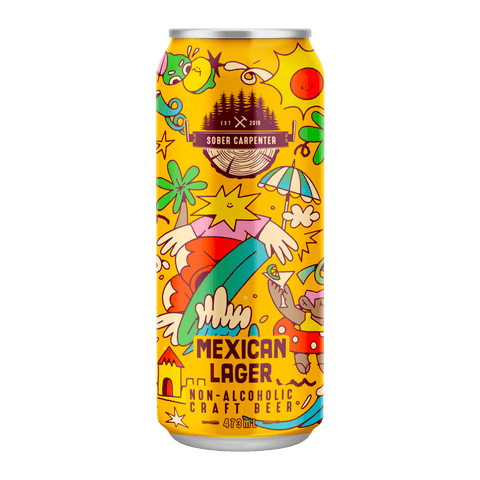 Colorful can of Sober Carpenter Mexican Lager non-alcoholic beer