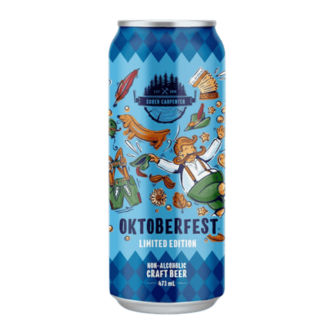 A blue can of Sober Carpenter non-alcoholic Oktoberfest beer