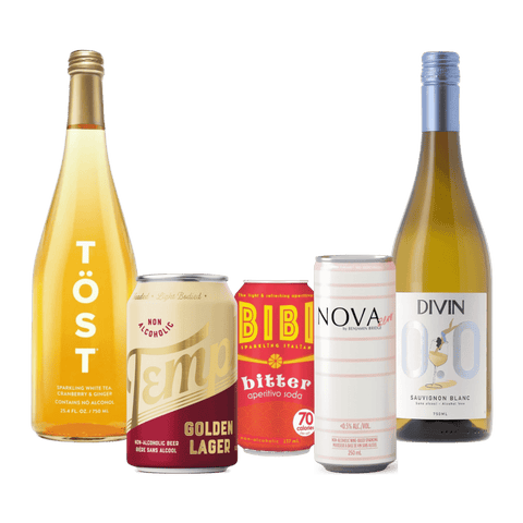 A collection of non-alcoholic drinks that includes bottles and cans for Sober October