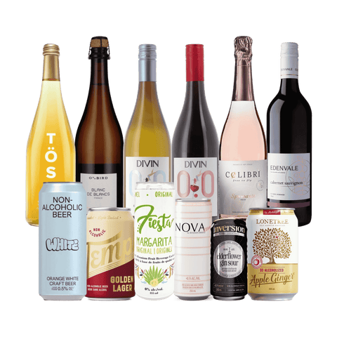 A collection of non-alcoholic drinks that includes bottles and cans for Sober October